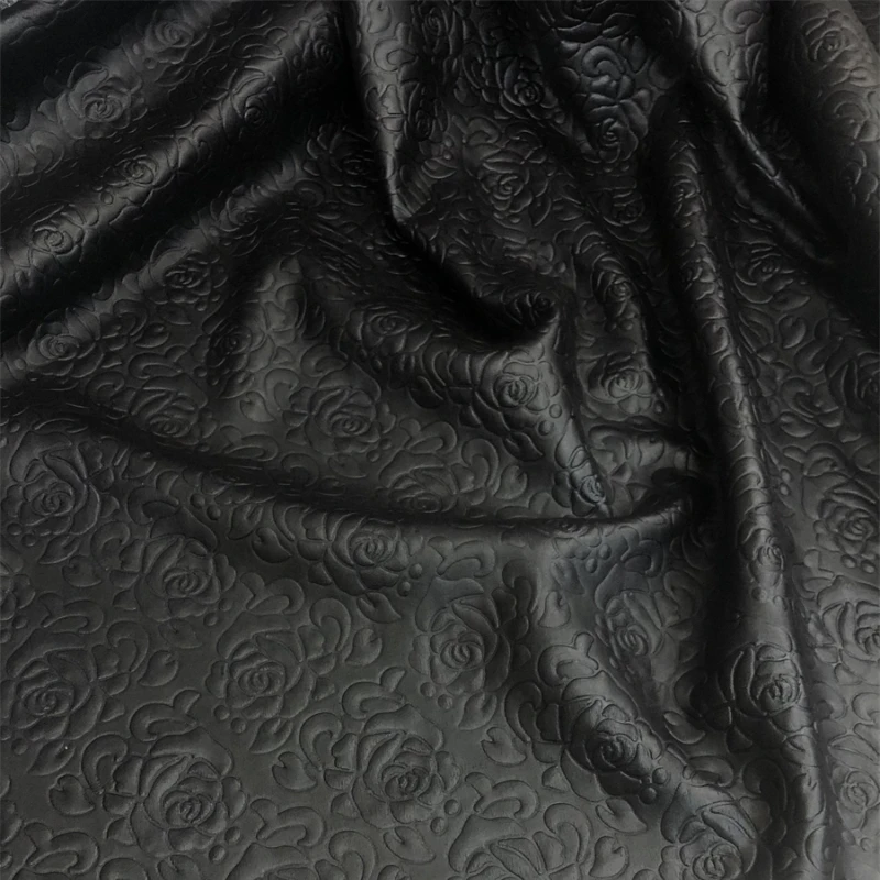 PU Imitation Leather Fabric Black Rose Embossing Coat Skirt Designer Cloth Apparel Sewing Diy Material