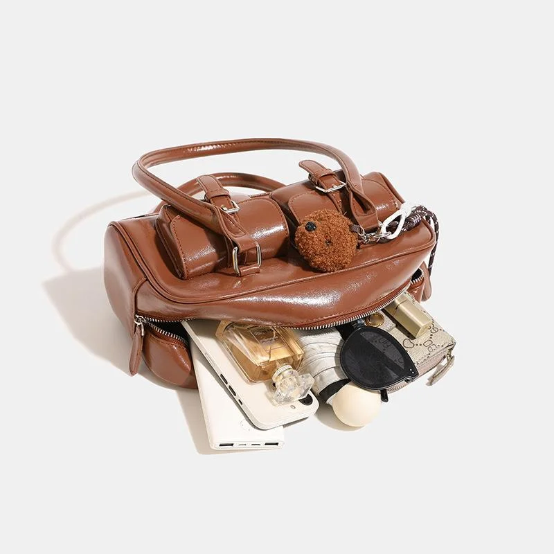 Boston Bag Gewachste Lederkissentasche Für Damen 24 Herbst Und Winter Neue Pendler Bowlingtasche Handtasche Umhängetasche_voghion.com