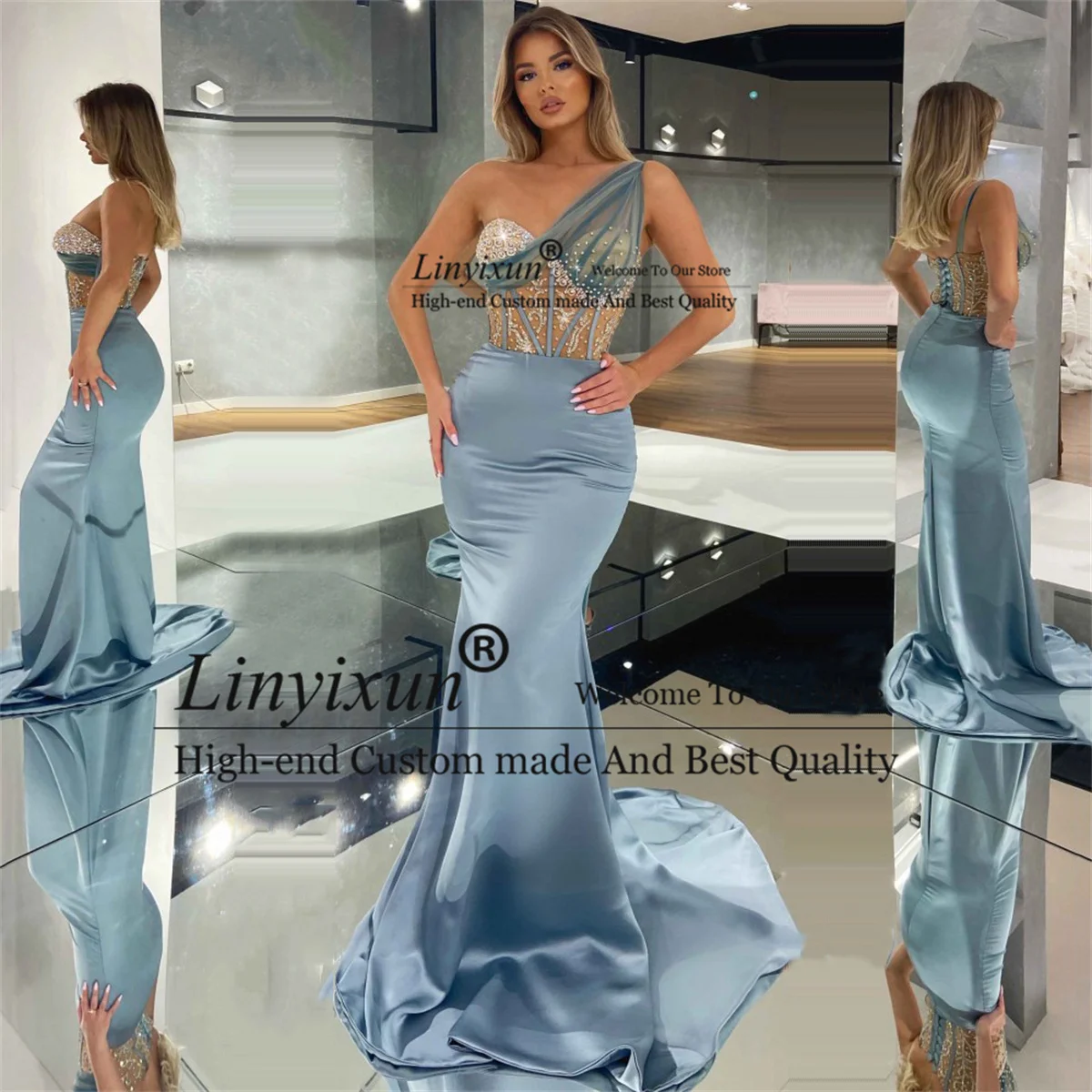 

Sexy One Shoulder Formal Prom Dresses With Beaded Luxury Arabic Mermaid Evening Party Gown Sleevelss Court Train robes de soiré