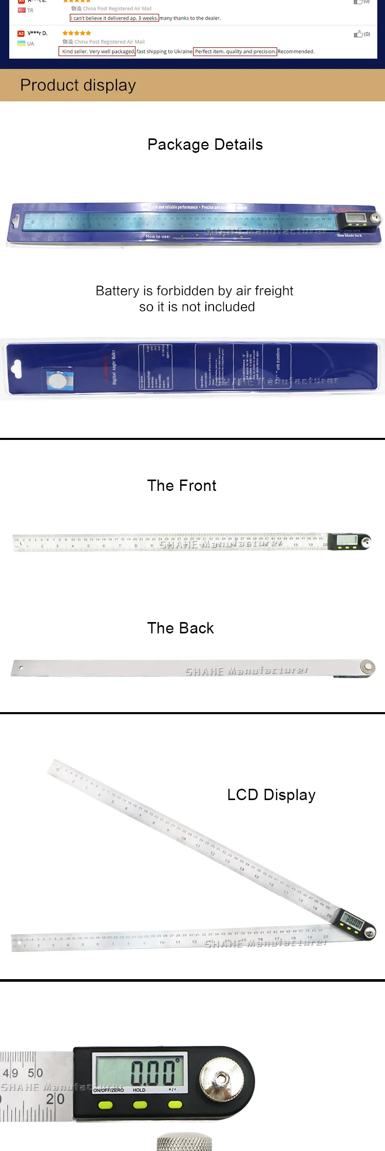 Description Picture 6 of item500mm 20'' Digital Ruler Stainless Steel Electronic Angle Meter Goniometer Digital Angle Finder Level Measuring Instruments