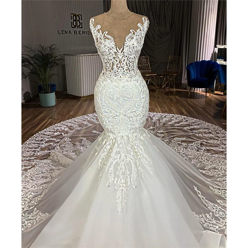 

Pretty Deep V-Neck Mermaid Appliques Lace Wedding Dress Sweep Train Sleeveless Back Buttons Bridal Gown 2023 Robe De mariée