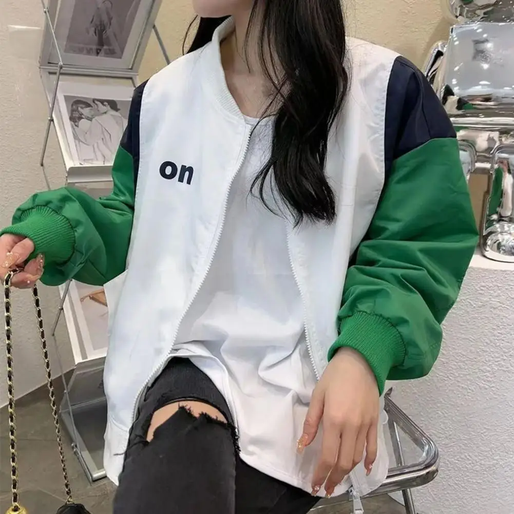 

Comfortable Long-sleeved Jacket Stylish Women's Baseball Coat with Color Matching Zip Up Closure Elastic Cuff A Soft for A