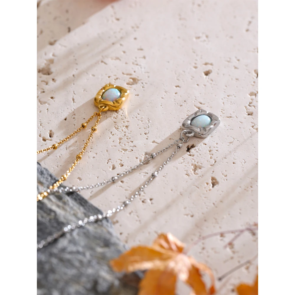 Yhpup Imitation Opal Rectangle Necklace 316L Stainless Steel