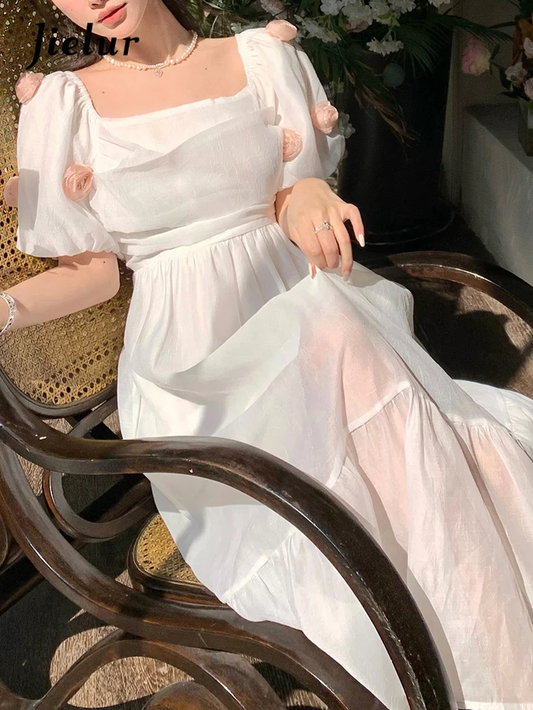 

Jielur Женское платье с пышными рукавами, белое шифоновое платье с квадратным вырезом и стереоскопическим эффектом, в романтическом французском стиле, лето