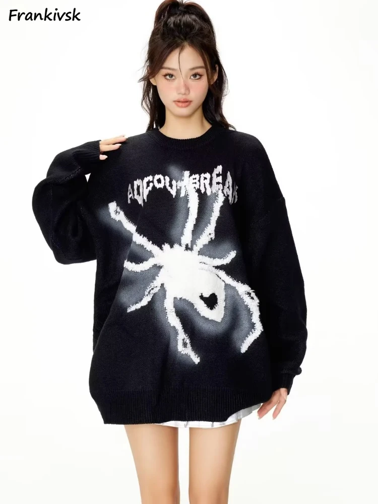 

Sweaters Women Spider Print Autumn New American Retro High Street Long Sleeve All-match Aesthetic Ladies Knitwear Pullover Daily