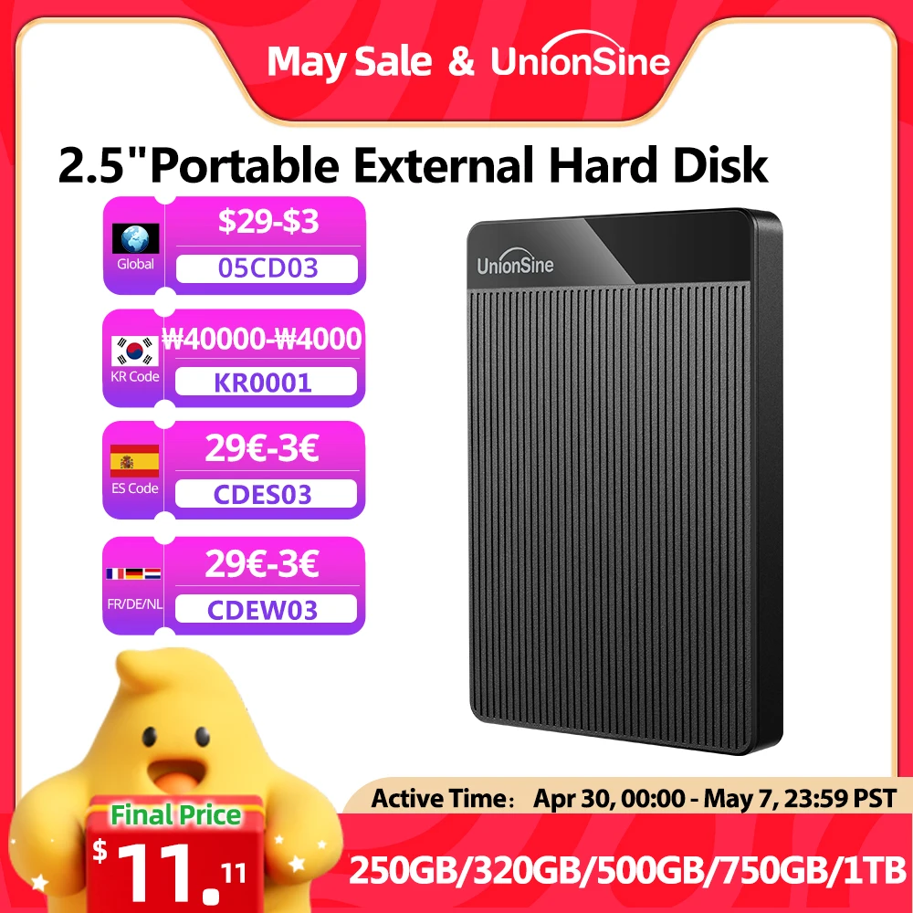 

Портативный внешний жесткий диск UnionSine HDD 2,5 дюйма, 2 ТБ/1 ТБ/500 Гб/750 Гб, USB, память совместима с ПК, Mac, настольными компьютерами, MacBook,Xbox