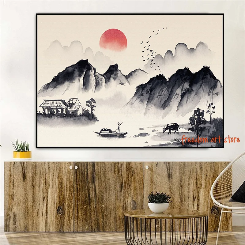 Chinese Landscape Couple Birds Forest Mountain River Koi Carp Fish Art Poster Canvas Painting Wall Art Prints Picture Home Decor 3