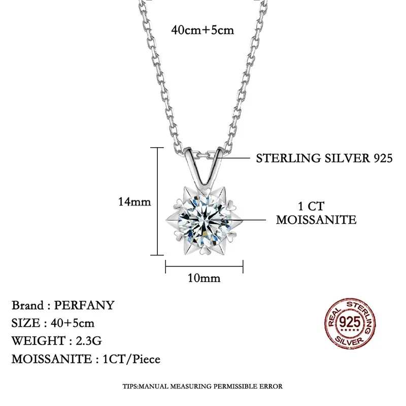 PERFANY 1-3CT Moissanite Women's Necklace S925 Pure Silver Snowflake Simulation Diamond Pendant Wedding High-end Jewelry