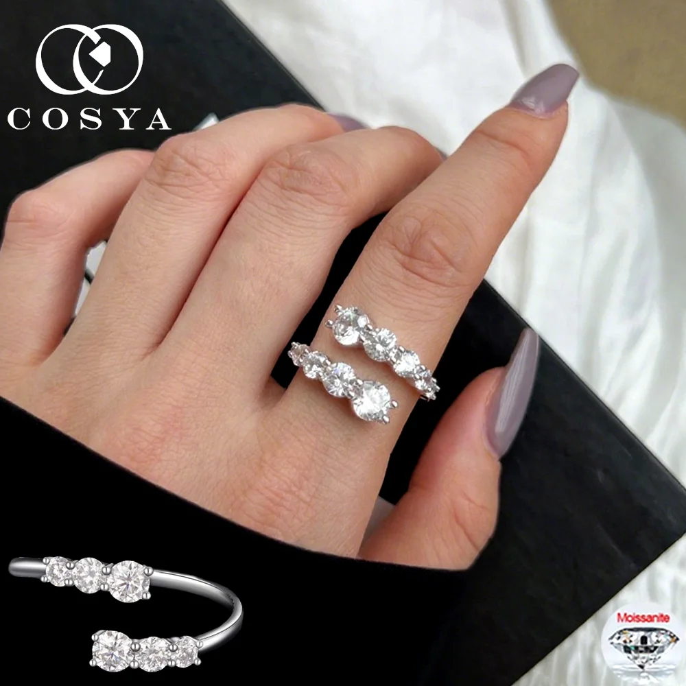 COSYA Full Moissanite Ring For Women S925 Silver D VVS 10 Gems Lab Diamond Adjustable Open Wedding Ring Band Fine Jewelry Gift