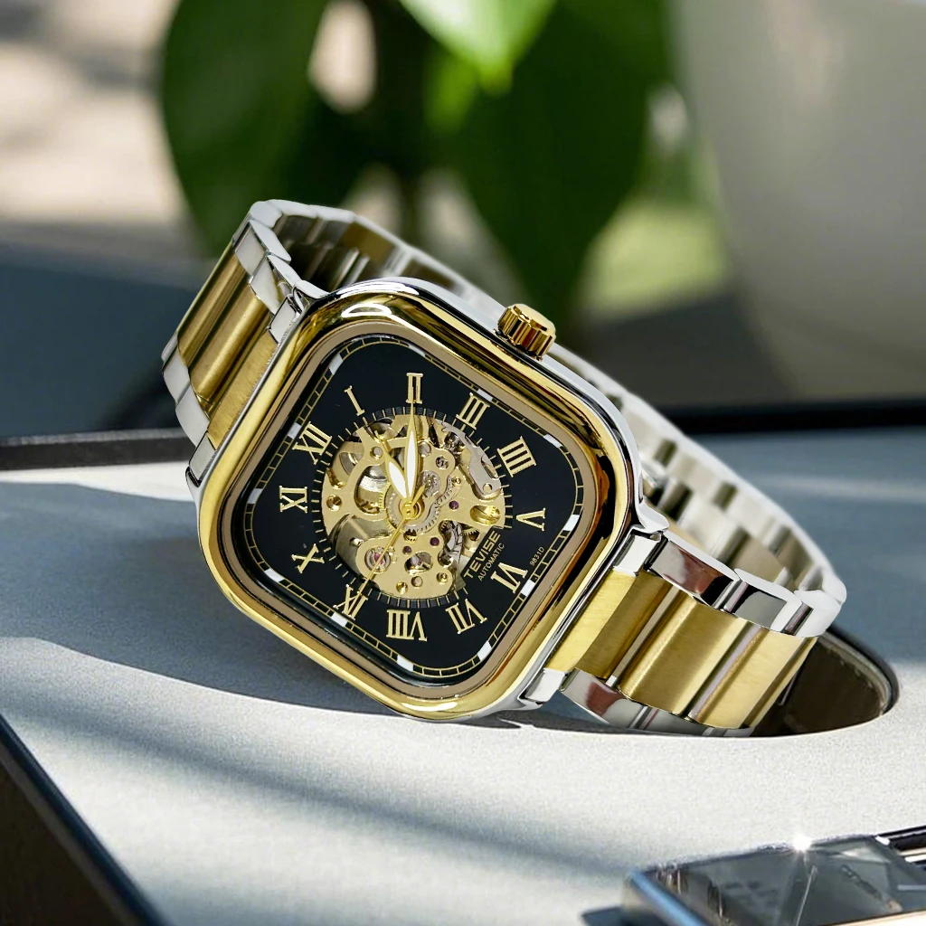 TEVISE New Automatic Watch Mechanical Movement Square Shape Case Skeleton Watch Luminous Fashion Gift