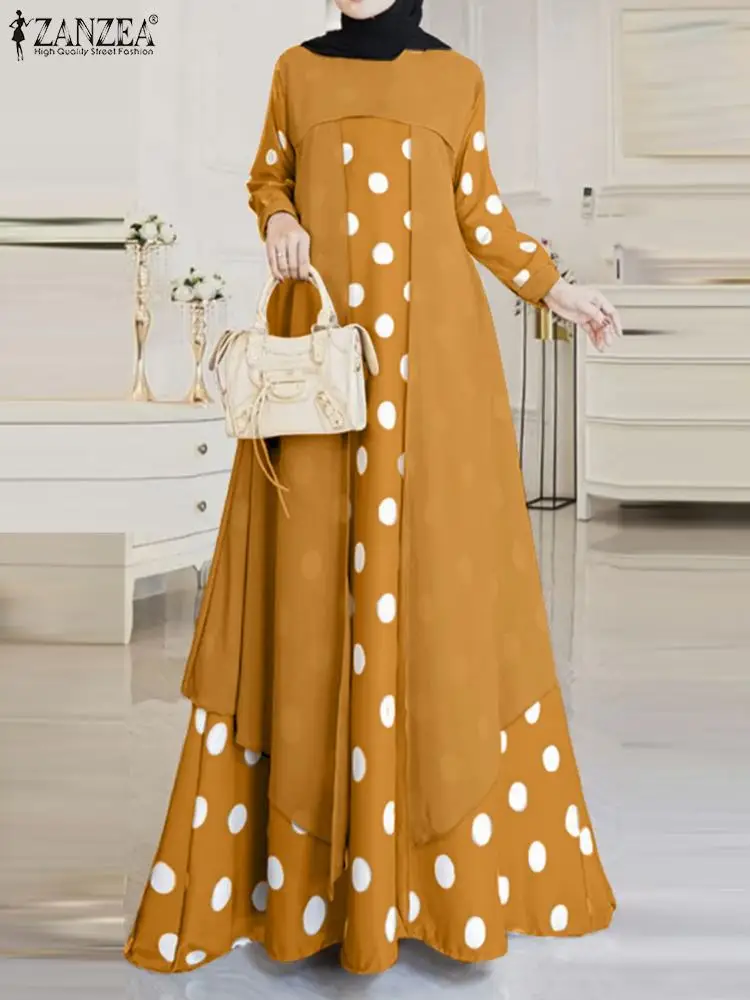  - ZANZEA Women Muslim Polka Dots Printed Dress Elegant O-Neck Long Sleeve Sundress Casual Loose Robe Femme Turkey Abaya Vestidos