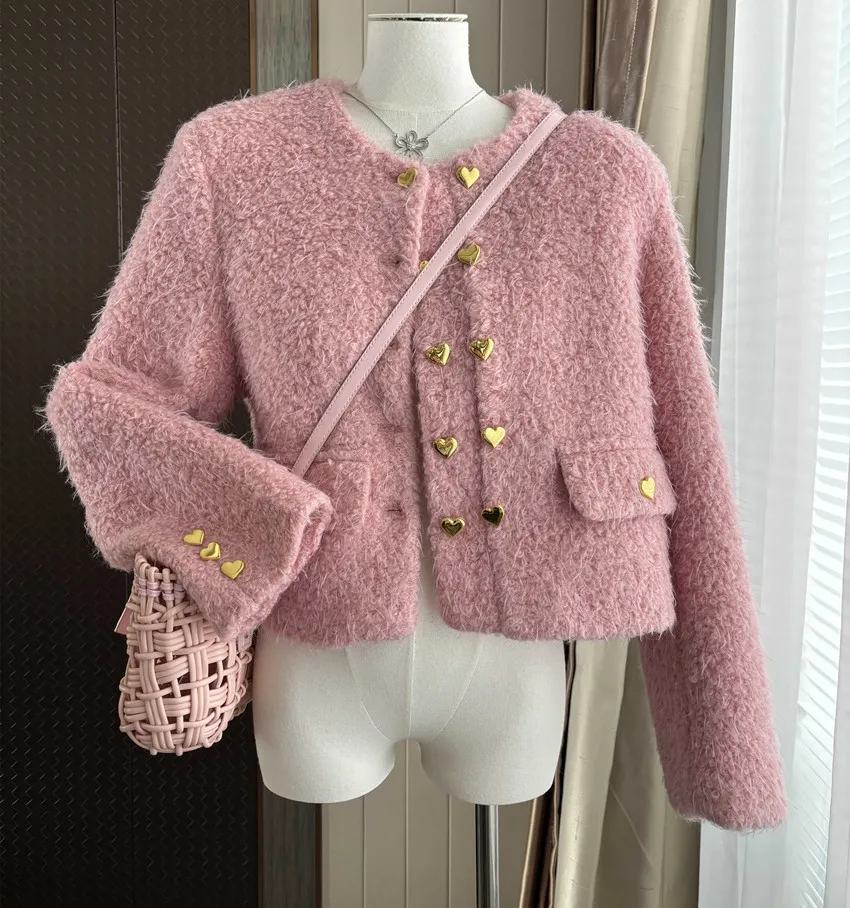 

Autumn Winter Pink Woolen Thick Golden Double-Breasted Heart Love Coat New Small Fragrant Women O Neck Tweed Warm Short Outwear