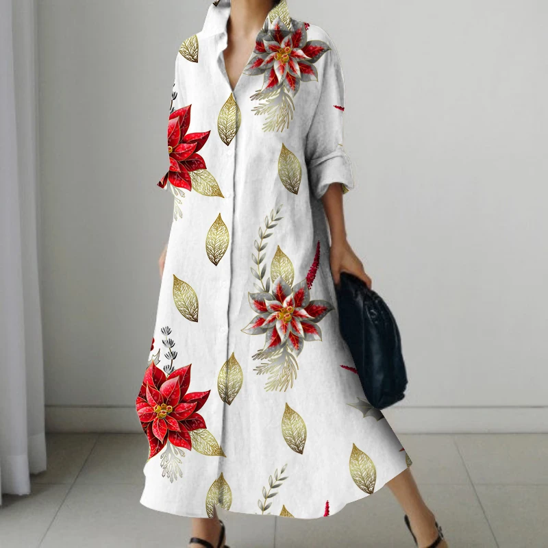 

2024 Elegant Sundresses Women's Dresses Fashion Lapel Bohemian Print Shirt Dresses Single Breasted Maxi High Temperament Dresses