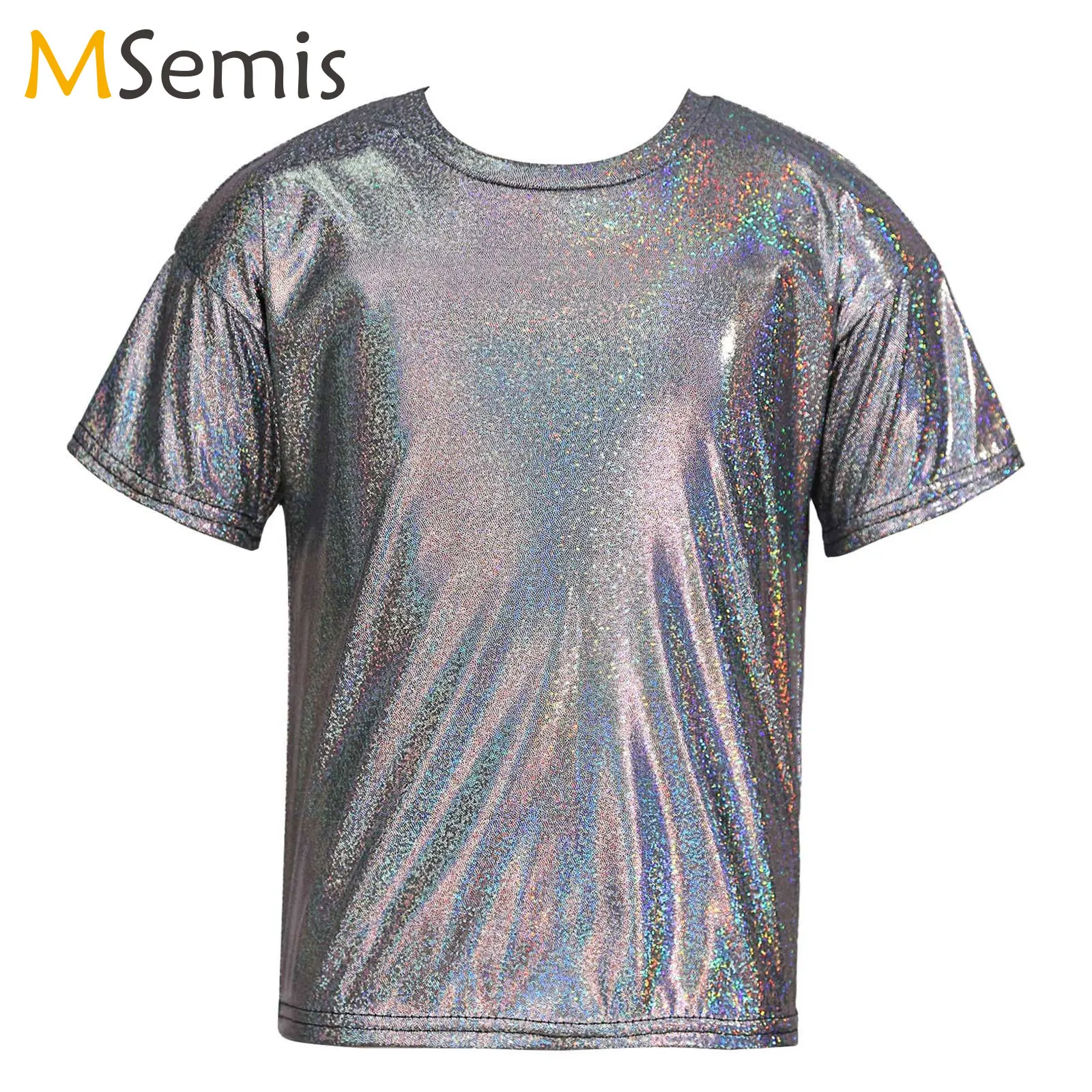 

Kids Metallic T-shirt Short Girl Sleeves Loose T-Shirt for Jazz Hip Hop Dance Costume Stage Performance Glossy Harajuku Top Tee