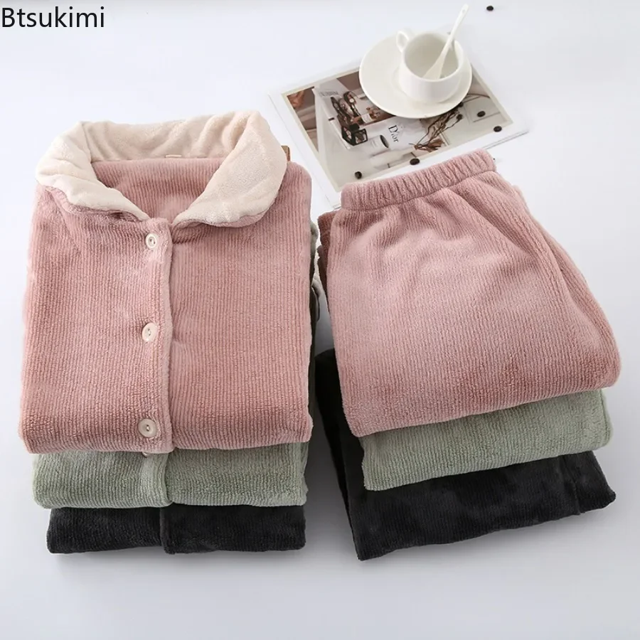 2024 Women's Autumn Winter Warm Flannel Pyjamas Sets Thick Coral Velvet Long Sleeve Tops and Pants Sets Sleepwear Homewear Woman