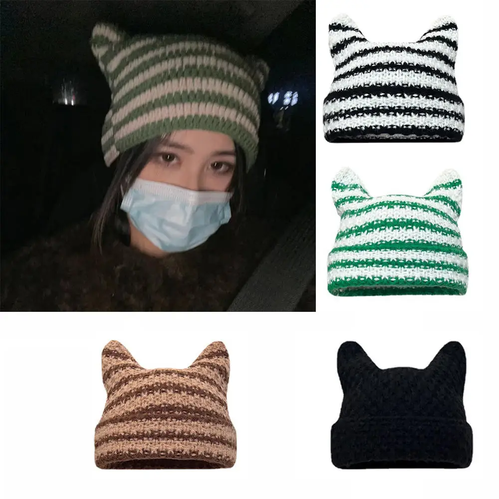 

Cute Cat Ear Knitted Wool Hat Women Fashion Hooded Cap Beanies Winter Warm Pig Ear Woolen Hats Design Kpop Personality Bonnet