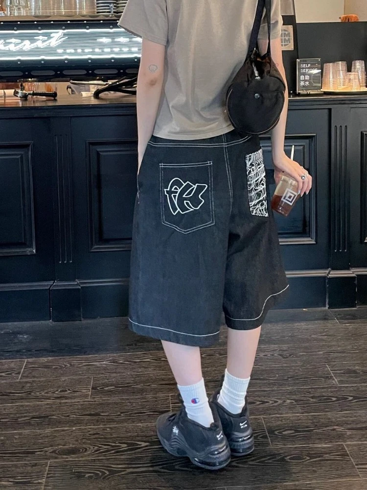 HOUZHOU 여성용 빈티지 자수 Y2k Jots 힙합 스타일 헐렁한 데님 반바지, 그런지 스트리트웨어, 블랙 와이드 레그 무릎 길이 반바지