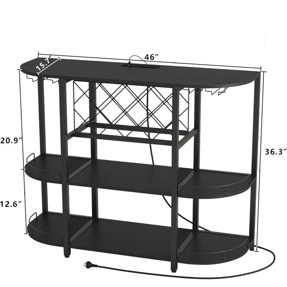Wine Cabinet Coffee Table with Power Socket and LED Light, Three Tiers Coffee Bar Table Wine Rack Liqour Bar with Large Storage