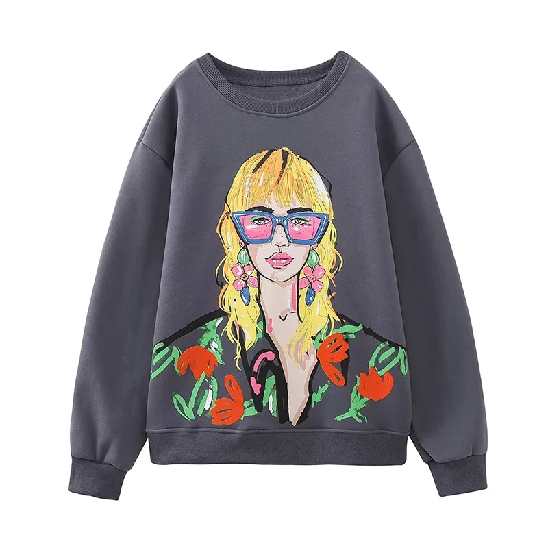 

YENKYE New Autumn Women Girl Print Washed Sweatshirt Vintage Long Sleeve O Neck Female Casual Loose Pullover Tops
