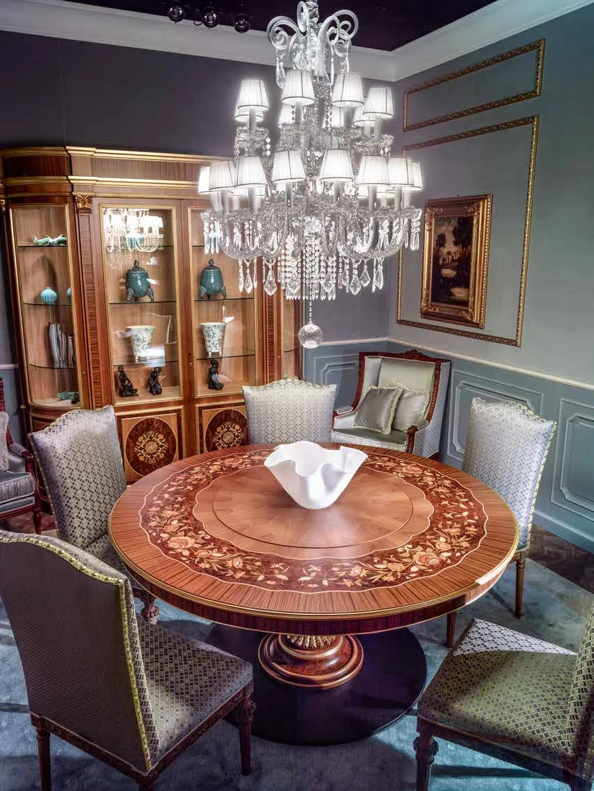 

European-style Parquet Round Dining Table, Solid Wood Carved Fabric Dining Chair