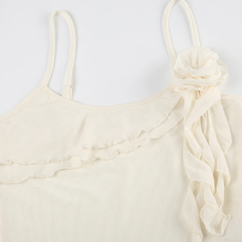 Top de tirantes con volantes de flores para mujer, elegante, sexy, a la moda, sin mangas, con dobladillo estético, camisetas de tirantes, conjuntos de verano para la calle