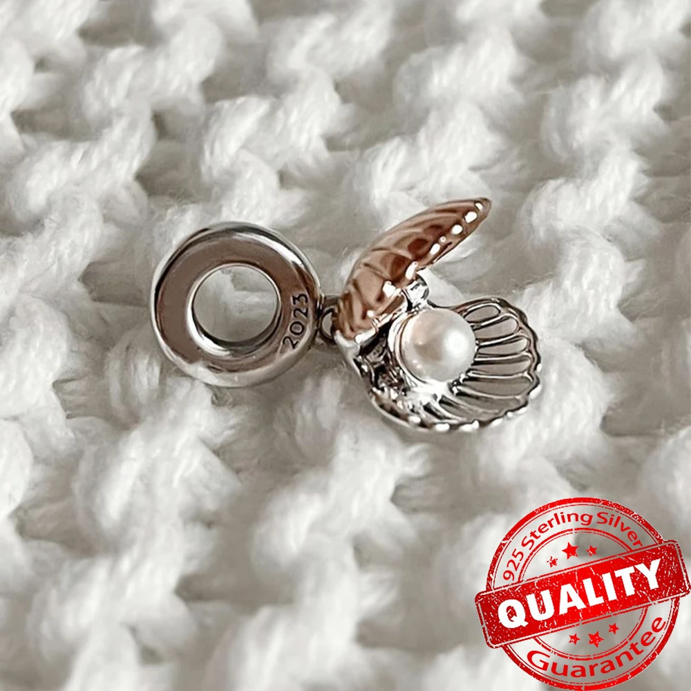 2023 New 925 Sterling Silver Rose Gold Sea Shell & Pearl Dangle Charm Fit Original Pandora Bracelets Women DIY Jewelry Gift