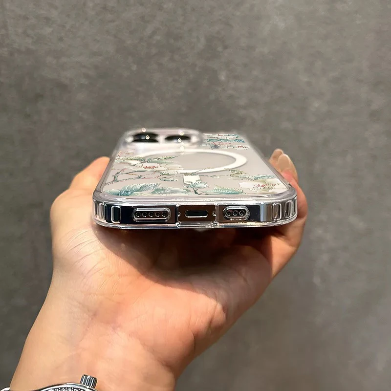Floral Magnetic Transparent Phone Case with Magsafe Wireless Charging Capability