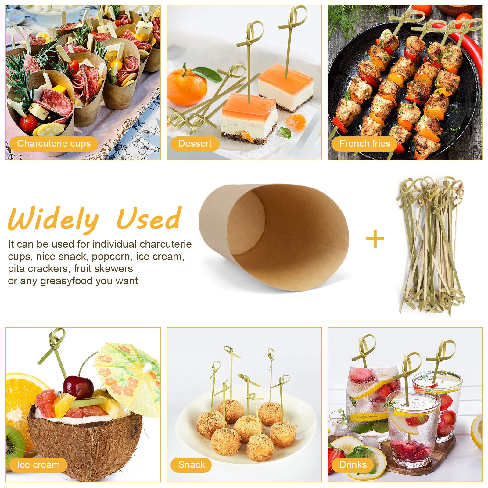 50pcs Charcuterie Cups with 50pcs Knotted Bamboo Sticks French Fries Cups Eco-Friendly Portable Disposable for Wedding Party