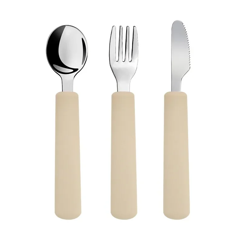 Food Grade Baby Silicone Handle Stainless Steel Spoon Fork Knife Toddler Safe Tableware Set Kids Easy Feeding Tools Baby Stuff