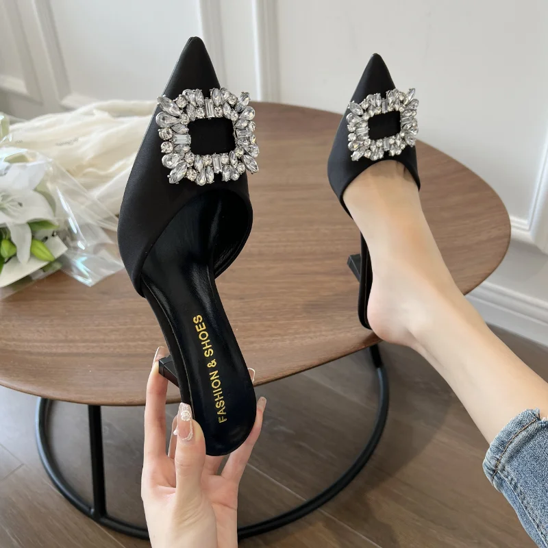 Pointed Toe Slingback Mules Women Fashion Square Rhinestone  Women's Sandals Sexy Thin Heels Party Slippers 2023 Summer Sandals