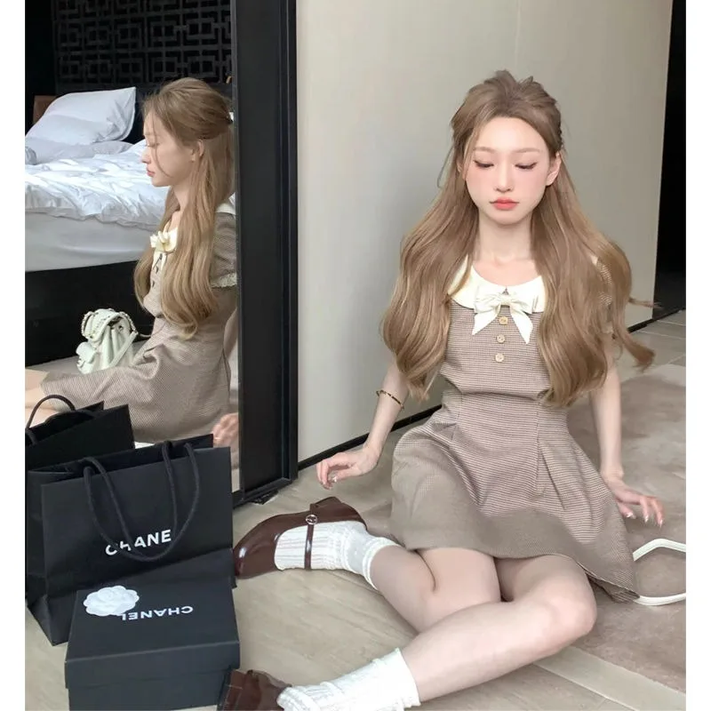 

Платье женское с воротником-куклой, французское модное приталенное платье контрастных цветов с бантом и пышными рукавами в стиле академии, Корейская темпераментная одежда на лето