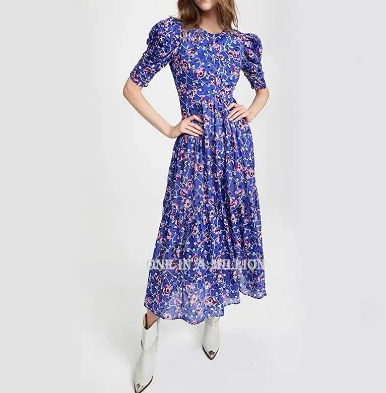 

Women's Flower Print Backless Short Sleeve Long Dress