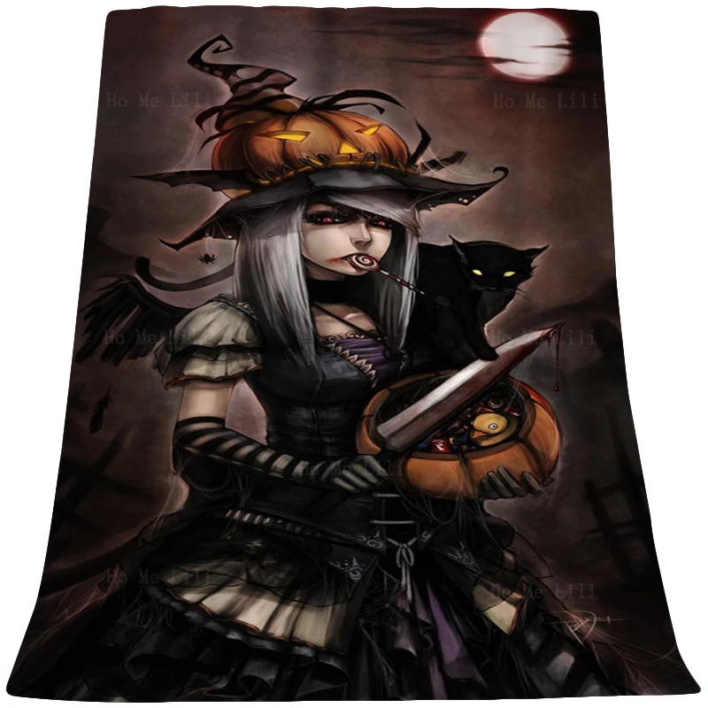 

Ретро Хэллоуин Ведьма в шляпе аниме демоны Черный кот Тыква Лампа готическое искусство фланелевое одеяло от Ho Me Lili подходит для офисного дивана