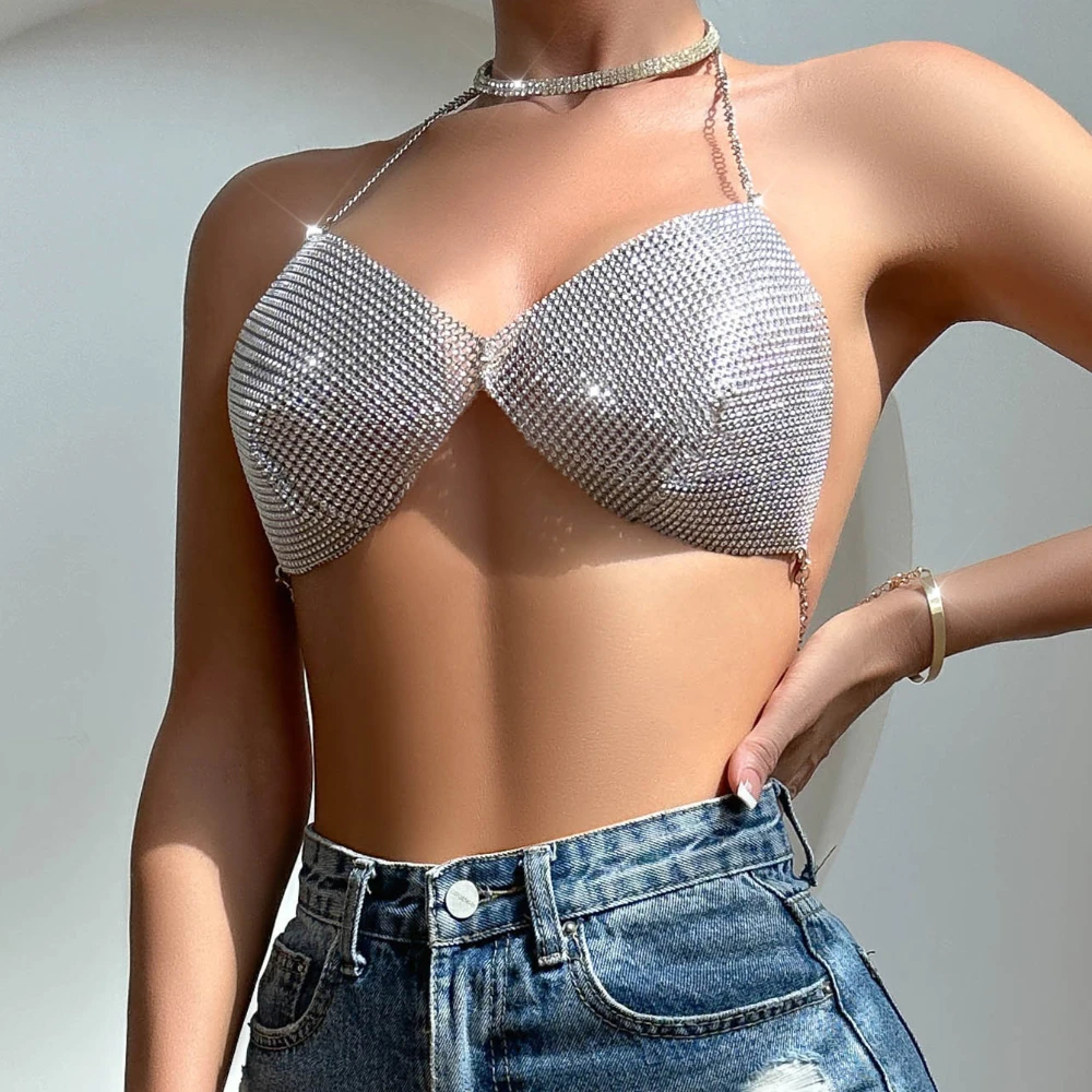 Sequins Hanging Neck Bra Sexy V-neck Slim Sweet Solid Colour Hanging Neck Small Vest Backless Bra Bikini Female