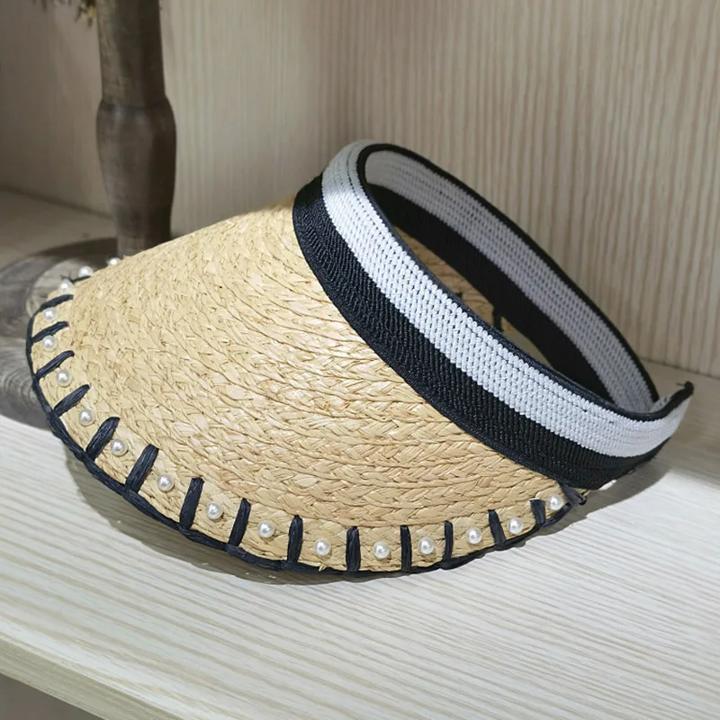 

New Summer Women Sun Hats Anti-UV Female Outdoor Pearl Raffia Visor Caps Handmade Straw Cap Casual Shade Hat Empty Top Beach Hat