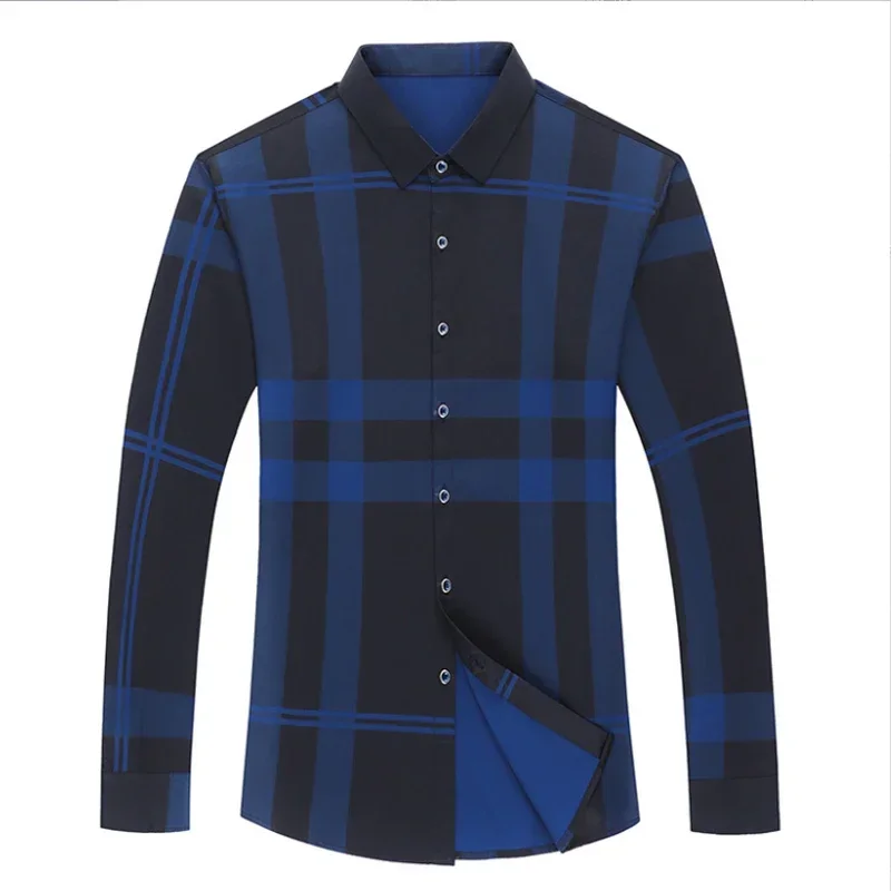 

Comfortable New And Spring Iron Sleeve Luxurious Slim Print Wrinkle Long Plaid Resistant Autumn Lapel Free Shirt Men's