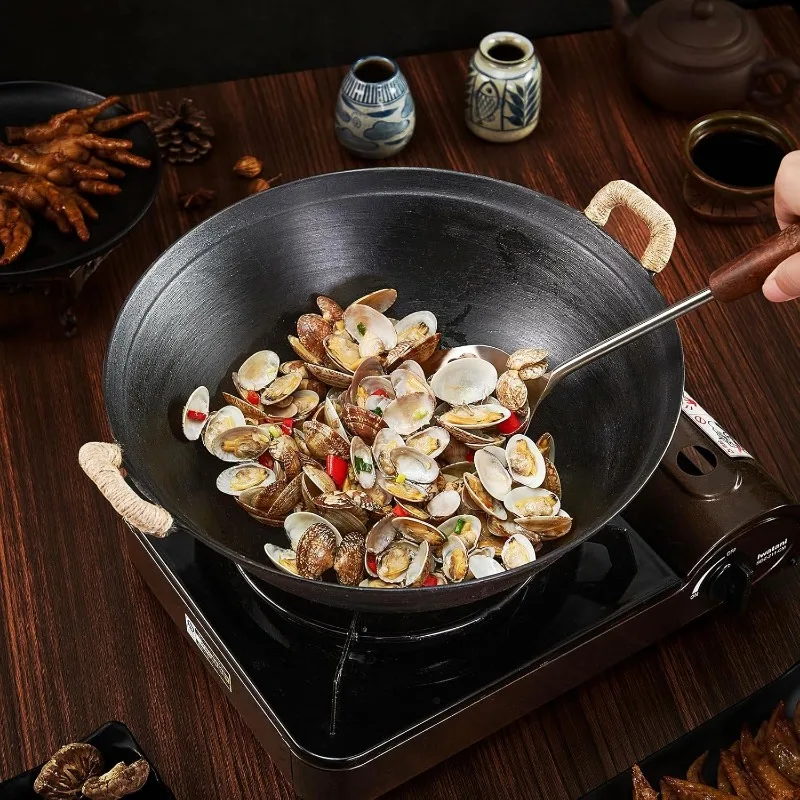 Cast Iron Wok Pan,Handmade Wok Wok Stir with Dual Handle and Wooden Lid,Suitable for All Cooktops,Uncoated 3
