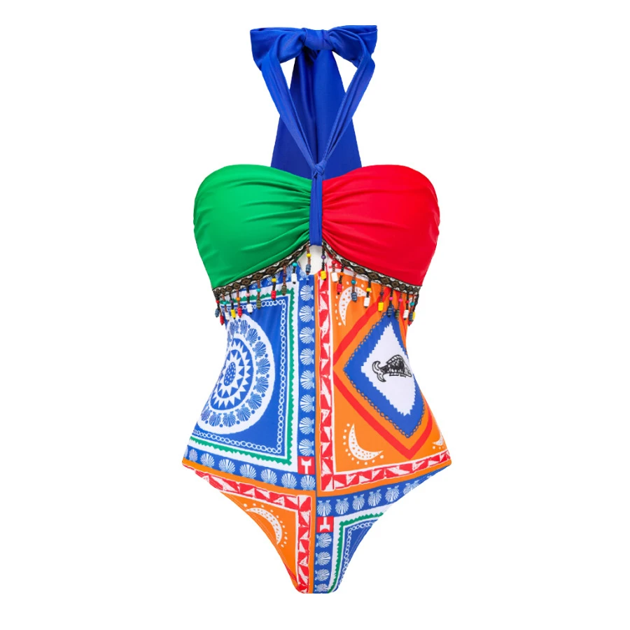 

Color Block Two Pieces Bikini Swimwear and Pant for Women Halter Tassels Swimsuit Female Beach Bathing Suit Outfit
