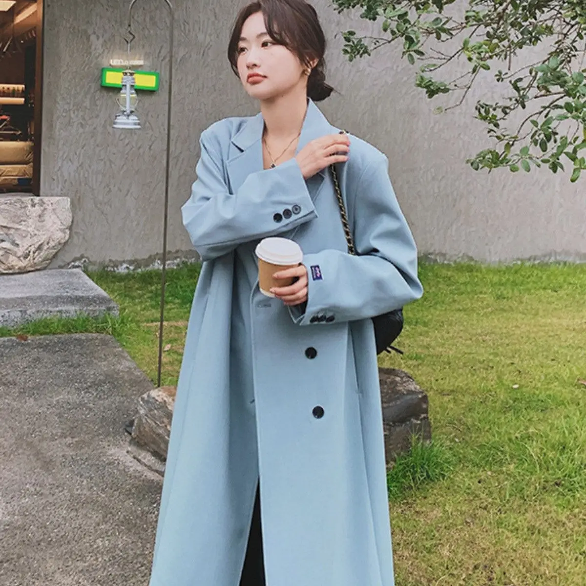 

SuperAen Blue Long Windbreaker Coat Women's Spring and Autumn 2023 New Style Single Breasted Casual Coat