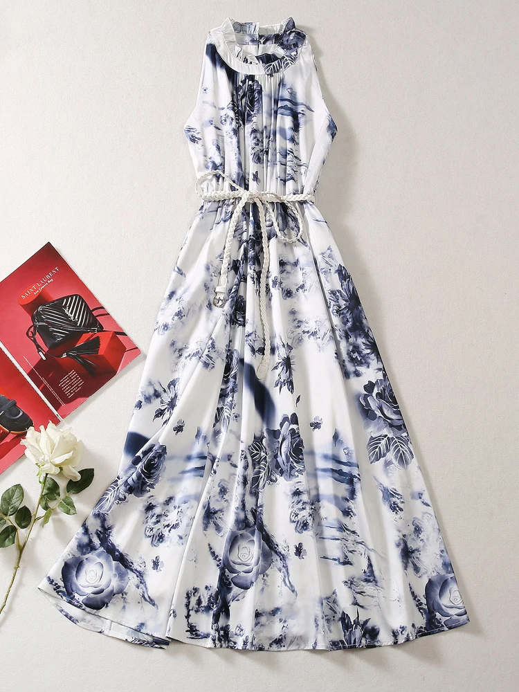 

Street Fashion Midi Dress Summer Women Fungus Collar Sleeveless Flower Printing Party Vacation Waist Belt Sliming Expansion