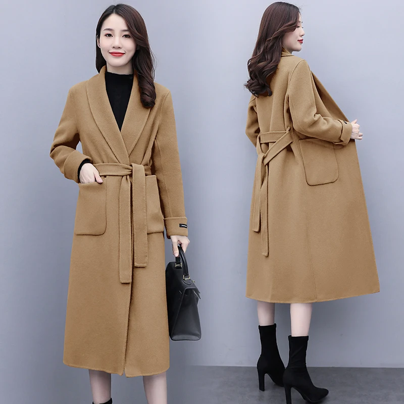 

Women 80% Sheep Wool Trench Coat Autumn & Winter Double Sides Long Woolen Outwear Ladies Big Pockets Lace Up Wool Overcoat