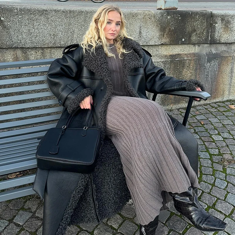 Fashion Lamb Wool PU Leather Long Jacket Women With Belt Patchwork Lapel Pocket Oversize Overcoat Winter Warm Thick Outwear