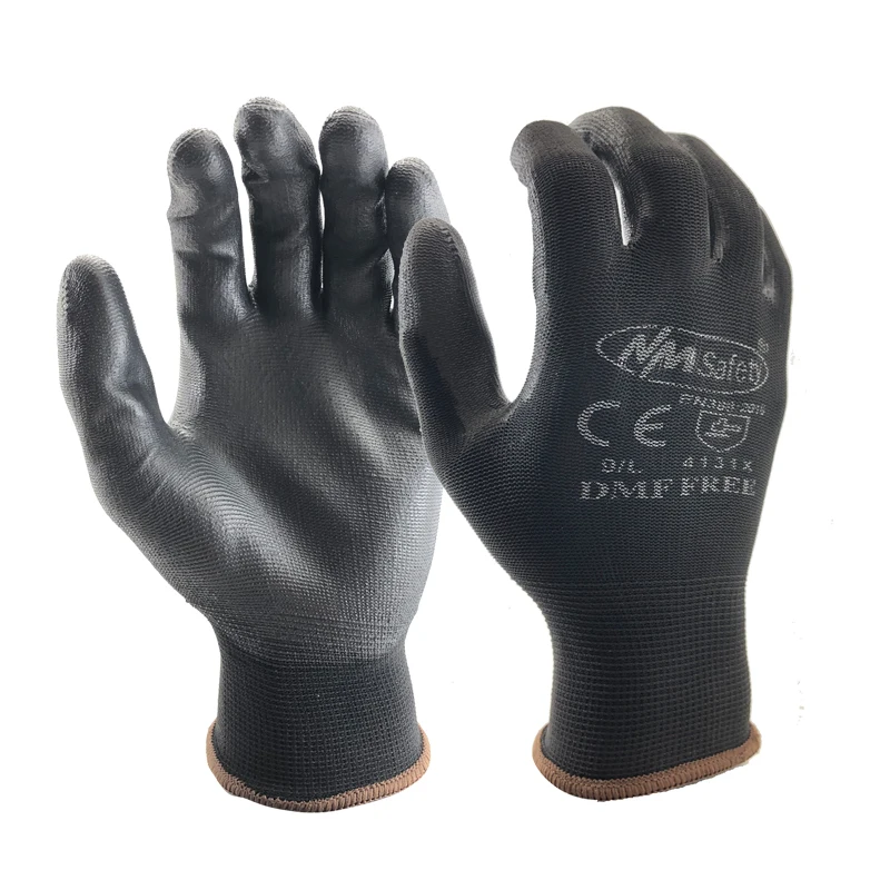 Professional Eco-Friendly Work Safety Gloves Black PU Coated Breathable Flexible Nylon Knitted Liner Working Glove EN388 4131X