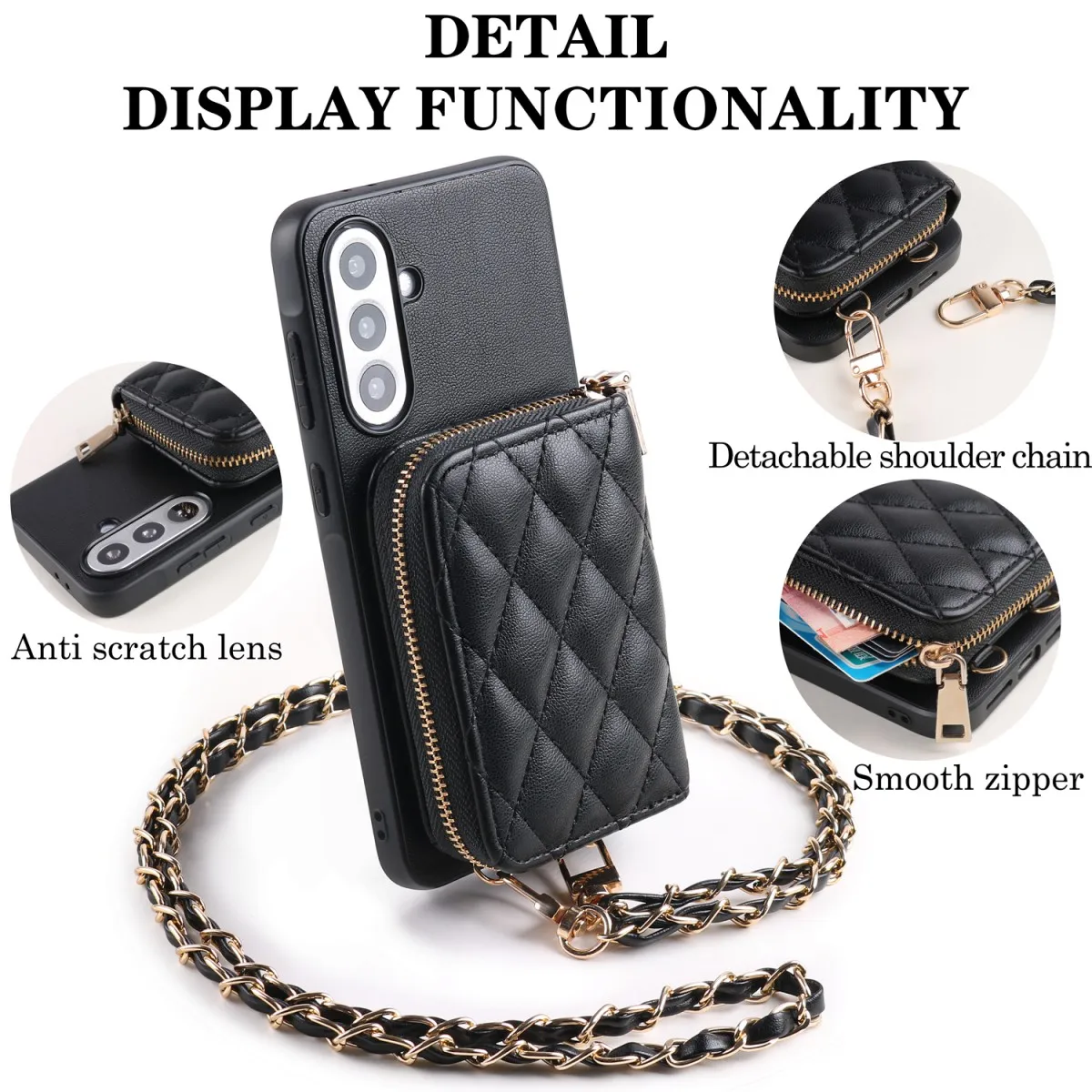 Chic Lamb Pattern PU Leather Phone Case with Fashionable Long Hanging Chain and Card Holder Sleeve