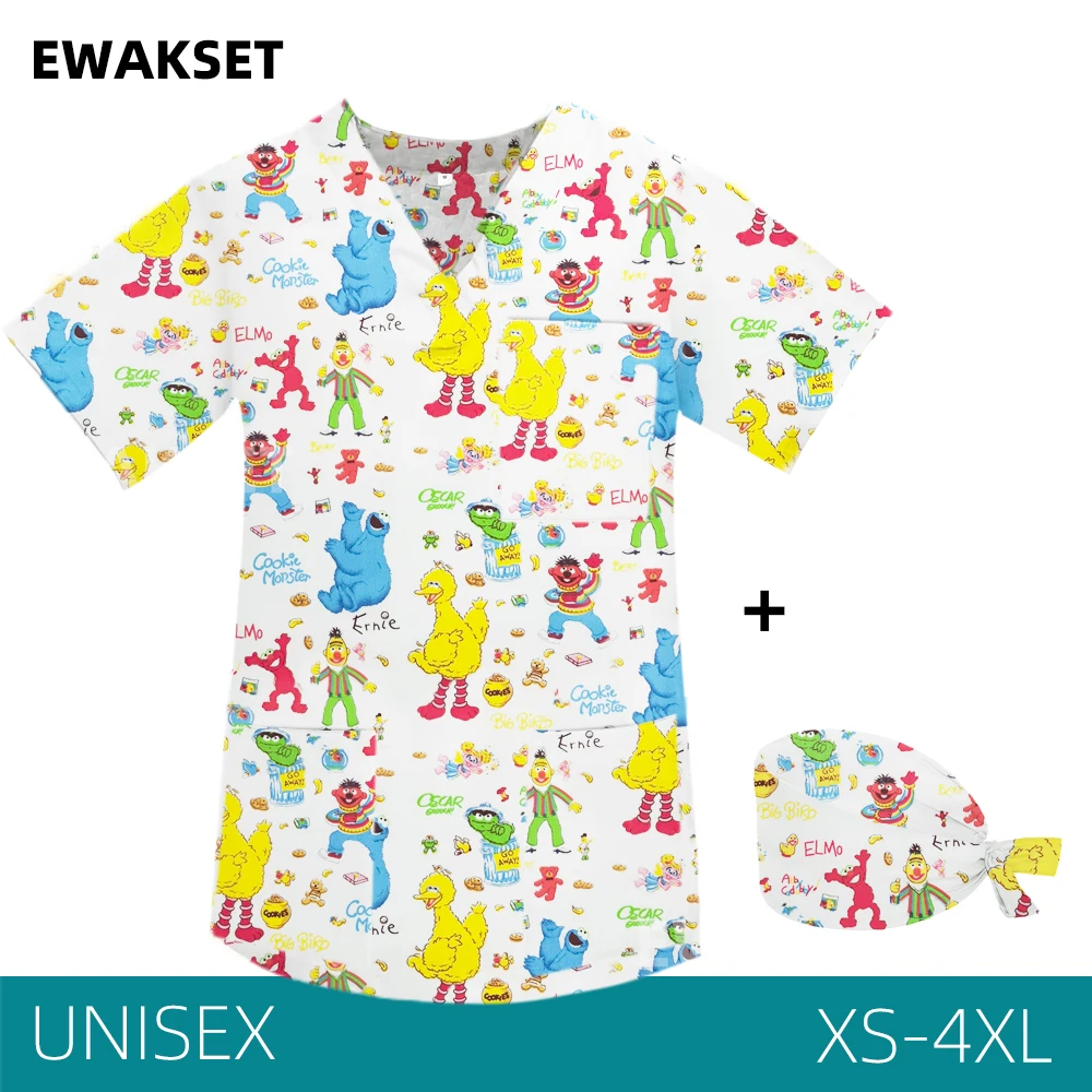 Cartoon Print Medical Scrubs uniforms women Unisex Nursing accessories surgical uniform v-neck overalls nurse doctor t-shirt top