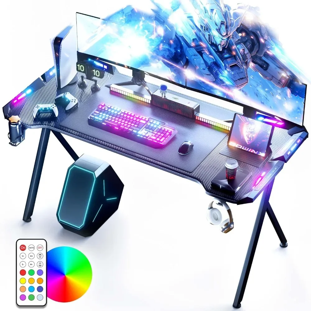 Gaming Desk with LED Lights, RGB Gaming Computer Table with Carbon Fibre Surface, LED Home Office Desk with Remote Control transponder key remote key chip blank suitable for toyota g chip transponder virgin carbon remtekey