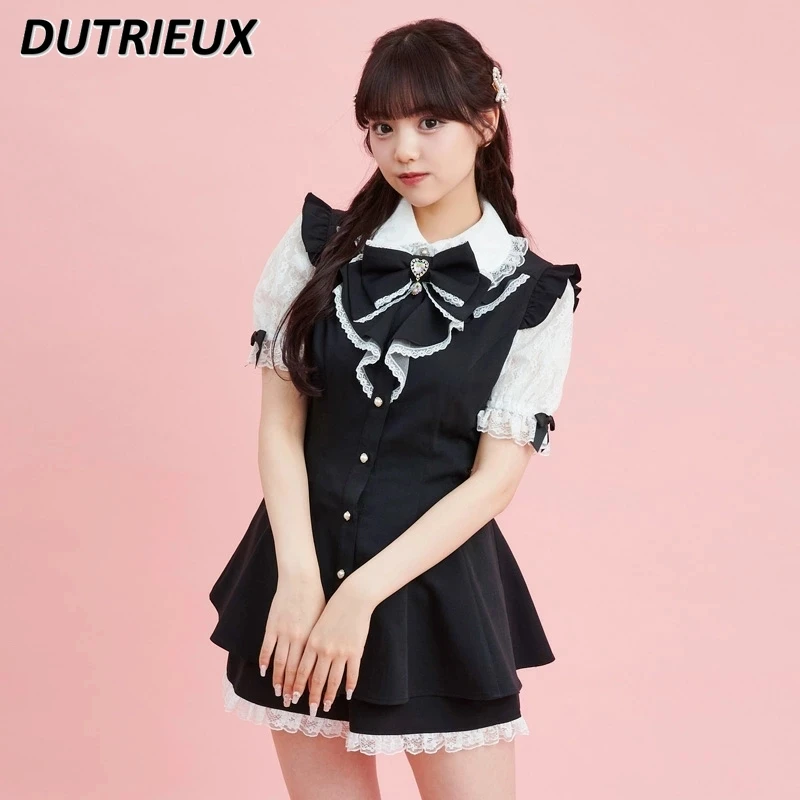 Japanese Sweet Lolita Suit Short Sleeve Shirt Lace Trim Big Bow Lace Slimming Patchwork Tops and Base Shorts Two-Piece Set