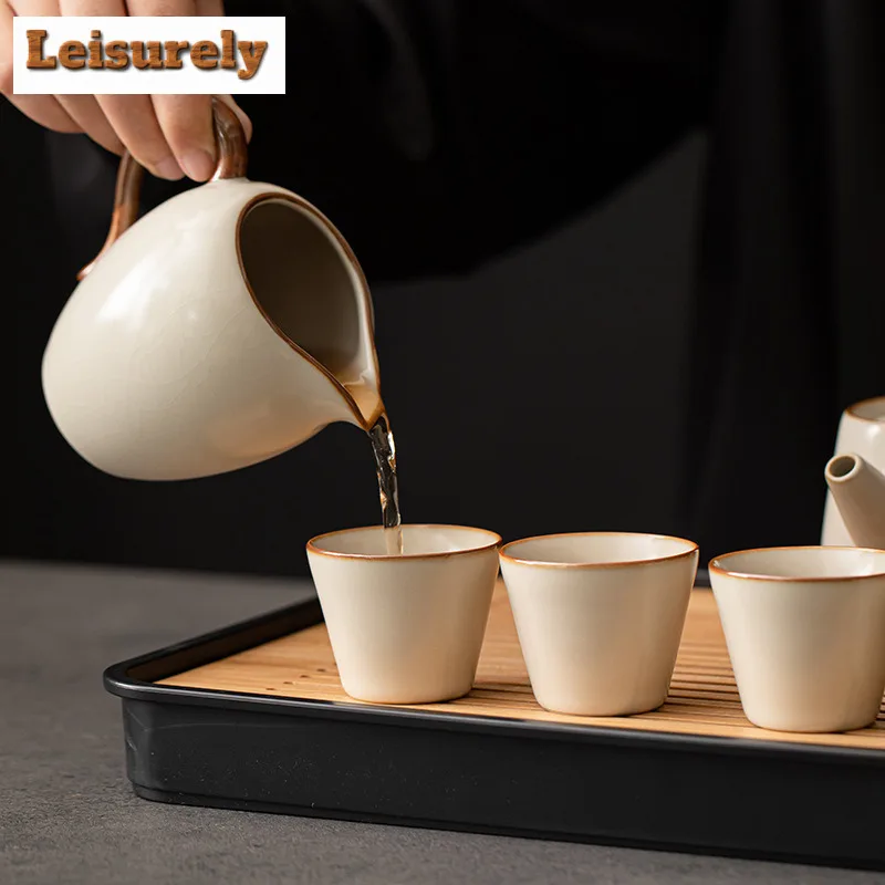 2pc/lot Cream Ru Kiln Porcelain Teacup Aesthetic Tea Bowl Water Jug Mini Meditation Cup Chazhan Master Cups Chinese Tea Set 50ML