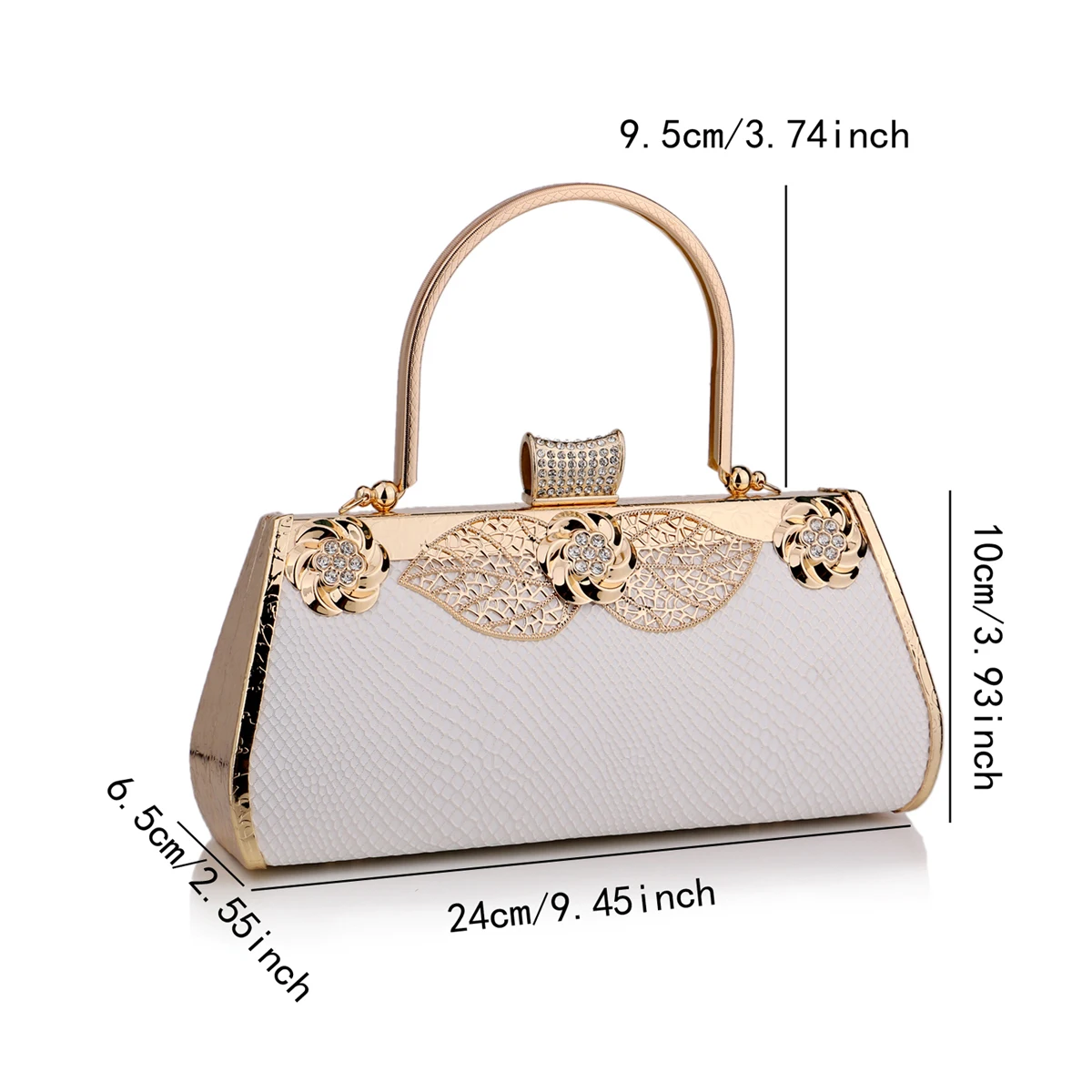 White Luxury Evening Clutch PU Handbag with Diamonds and Handle