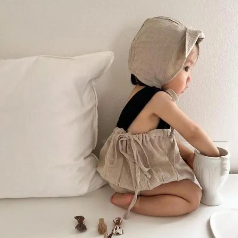 

2023 Summer New Baby Girl Bodysuit Cotton Linen Sleeveless Jumpsuit Casual Patchwork Onesie Infant Toddler Clothes With Hat